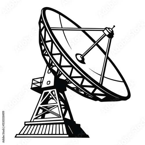 Monochrome illustration of a large satellite dish antenna pointing towards the sky