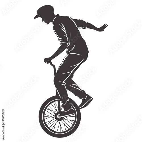 Silhouette of a man balancing on a unicycle, performing a trick in vector art