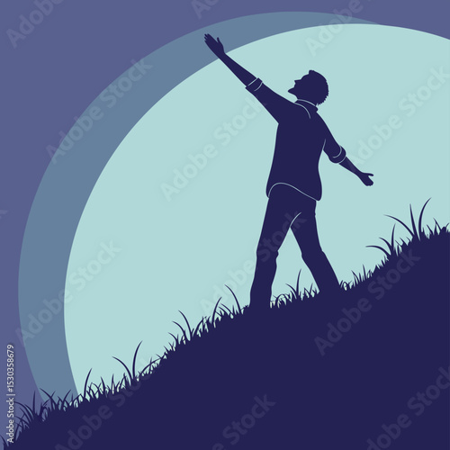 Silhouette of a man reaching for the sky, standing on a hill