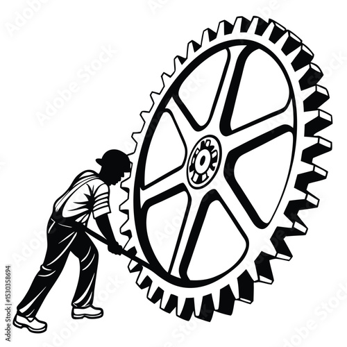 Silhouette of a man turning a large gear mechanism with a crowbar
