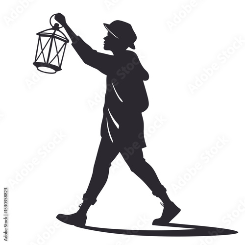 Silhouette of a person walking and holding up a lantern in the dark
