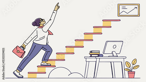 Woman with briefcase climbs stairs to success with chart on wall and desk with computer visible, career growth
