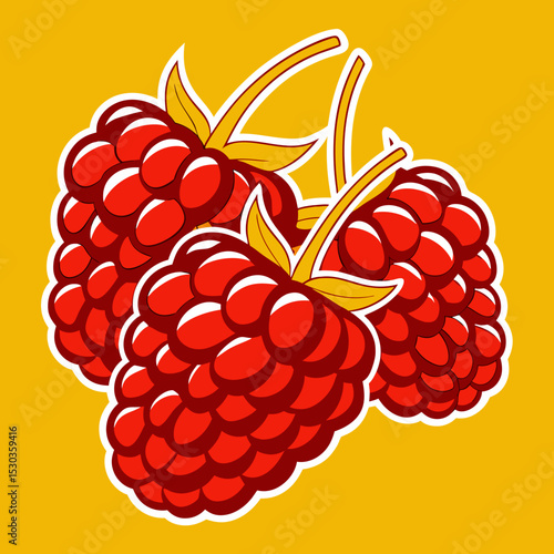Three Ripe Raspberries with Leaves on a Yellow Background Illustration