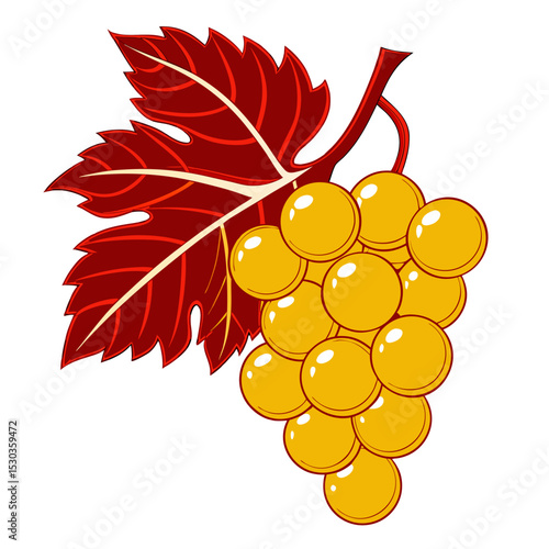 Illustration of a Bunch of Yellow Grapes with a Red Leaf