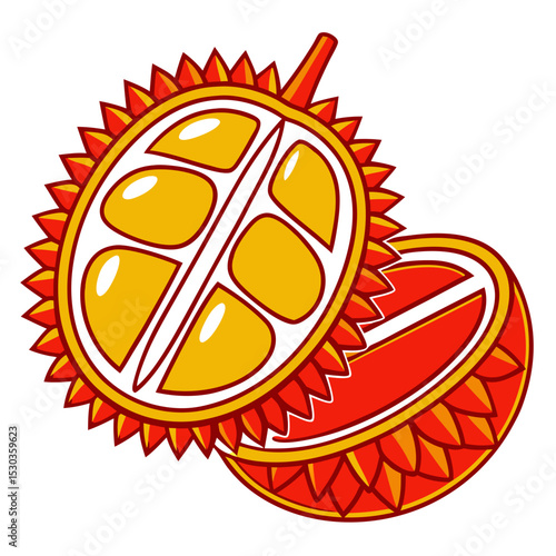 Stylized Illustration of a Durian Fruit Cut in Half Showing the Pulp