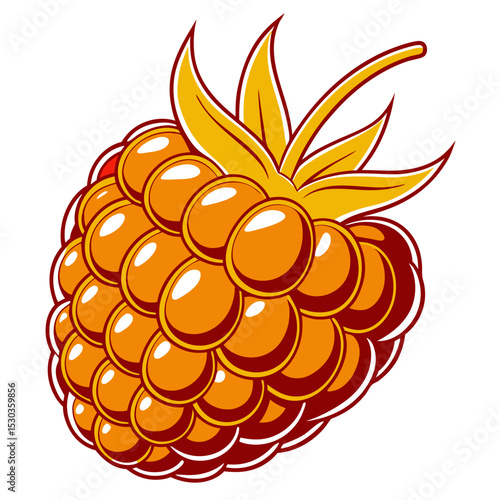 Stylized Golden Raspberry Illustration with Yellow Leaves on a White Background
