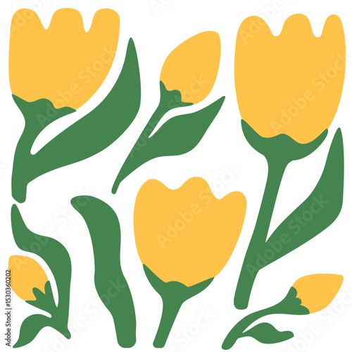 Yellow tulips wirh green leaves. Flat illustration. Vector minimalist floral design (set 6 flowers, white background)