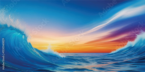 Peaceful Abstract Sky and Sea Watercolor Design in Cool Blue Tones for Background or Branding Use. Blue Sky Reflection in Ocean Water Effect Painted in Layered Watercolor Texture.