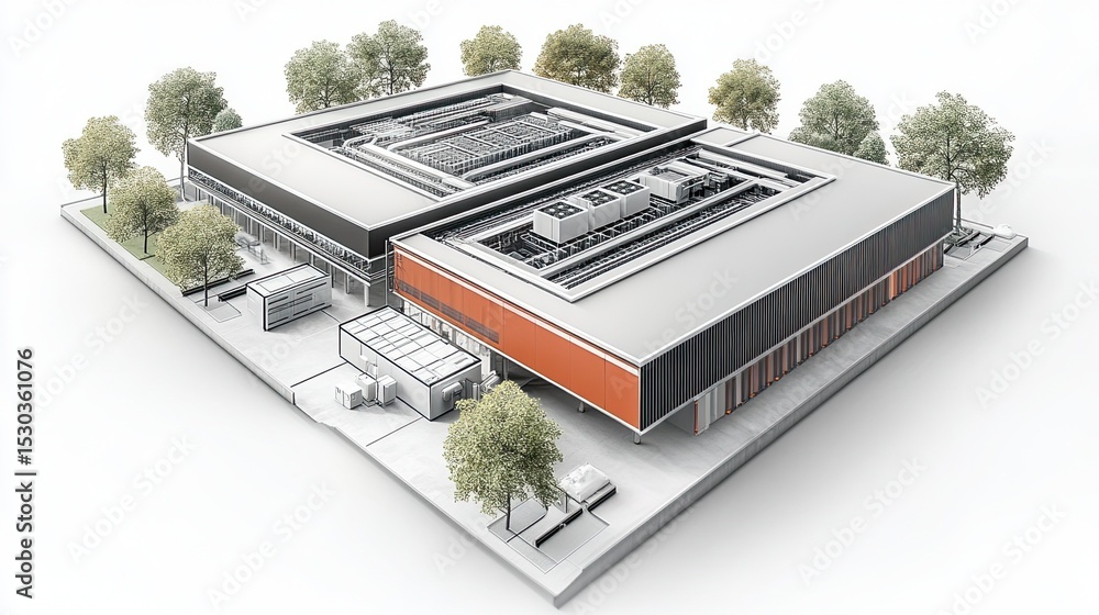 Aerial view of a modern building complex with trees and rooftop equipment in a clean style Aerial view of a modern building complex with trees and rooftop equipment in a clean style