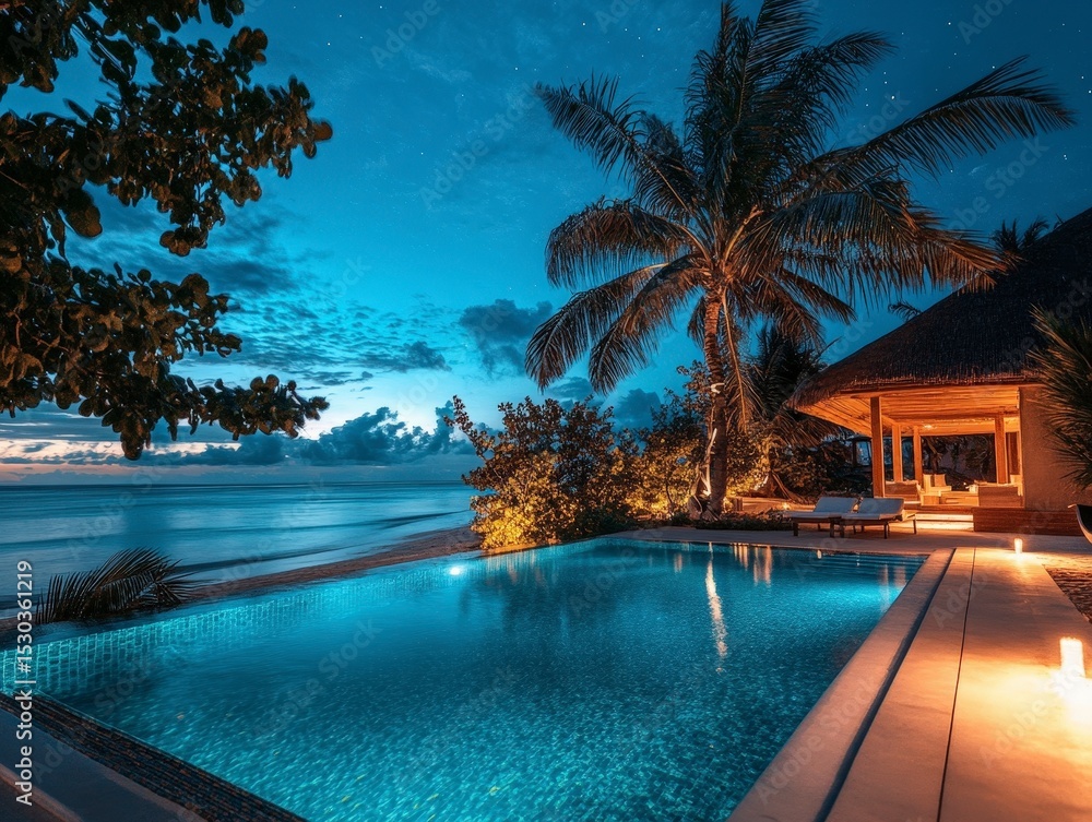Fototapeta premium Serene Evening Poolside at Tropical Resort Under Starry Sky