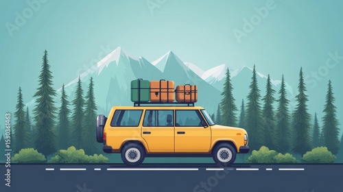 Wallpaper Mural A yellow car with luggage drives through a scenic mountain landscape. Torontodigital.ca