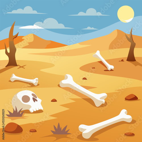 Desolate Desert Landscape. Sand Dunes. Bones. and the Scorching Sun