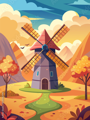 Autumn Landscape with Windmill. A picturesque view of a charming windmill nestled in an autumnal landscape. surrounded by vibrant trees and majestic mountains.