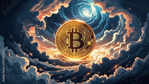 Illustration of bitcoin coin representing blockchain revolution, financial technology progress, decentralized currency systems, and virtual assets