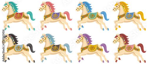 レトロでアンティークな陶器製の馬のベクターイラストカラーバリエーションセット(Retro and Antique-Style Porcelain Horse Color Variation Set – Vector Illustration)
