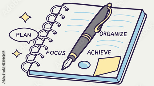 Illustration of a spiral notebook with a pen and motivational words like plan focus achieve