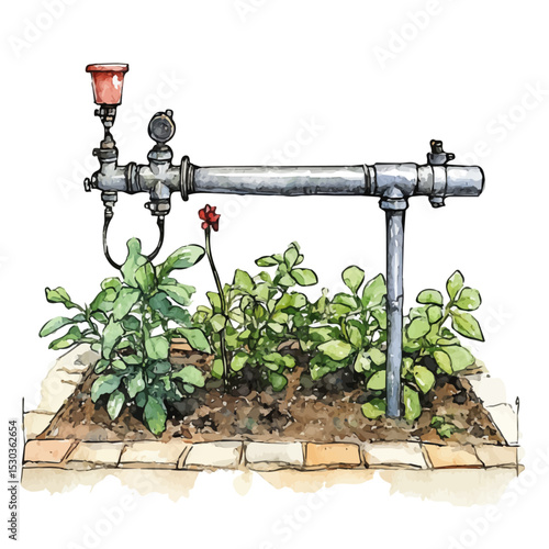 Drip Irrigation System, watercolor painting vector, isolated on a white background.