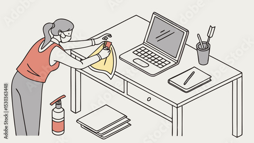 Woman wearing mask cleaning desk with laptop notebook and cleaning supplies in an office environment scene