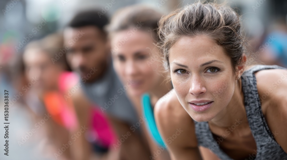 Obraz premium A group of athletes gets ready to start a race, showcasing determination and focus. The urban backdrop adds a dynamic element to the competitive atmosphere in bright daylight.