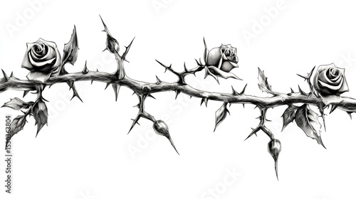 Fototapeta Naklejka Na Ścianę i Meble -  Silver metal rose vines with sharp thorns. Gothic prickly vine elements isolated Stock Illustration