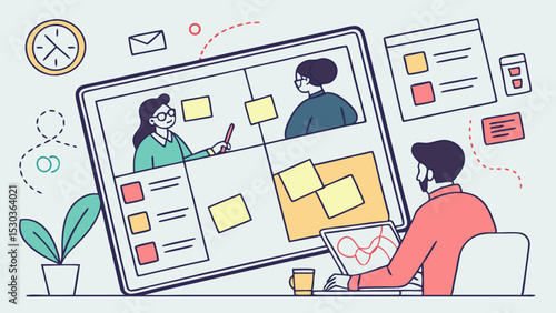 Illustration of a man working on a laptop with a video conference screen showing two participants online