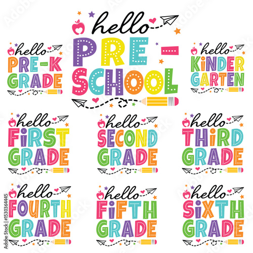 Hello Grade School Bundle vector Illustrator design for t-shirt, editable for teachers and students in back-to-school themes