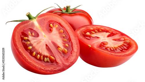 On a white background, a tomato that is fully ripe is presented cut in half for viewing 