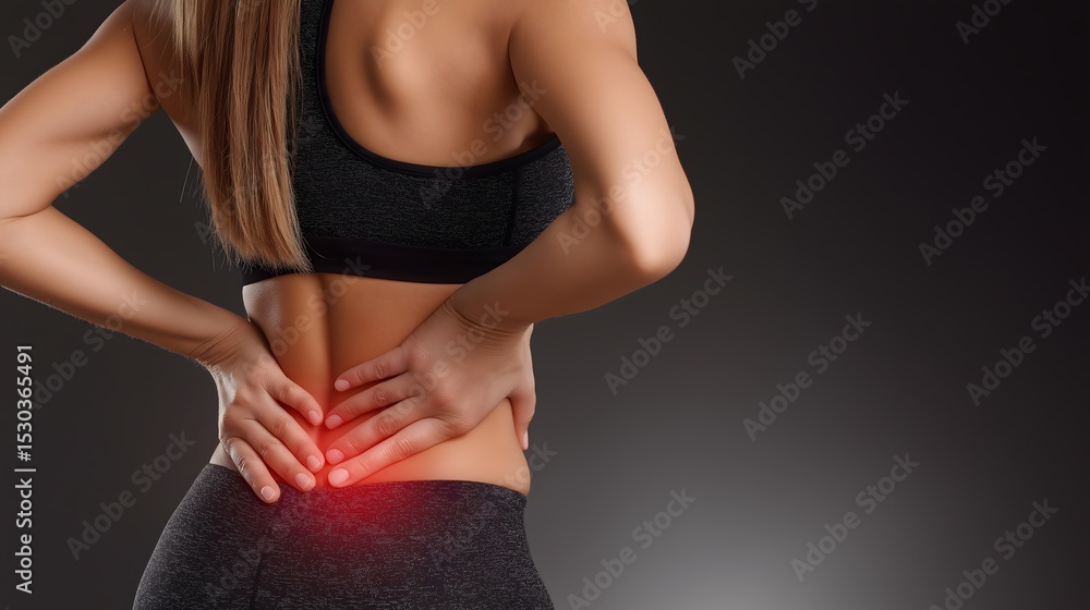 Fototapeta premium Athletic woman experiencing lower back pain, fit individual holding her back in a workout setting, focus on discomfort, health theme.