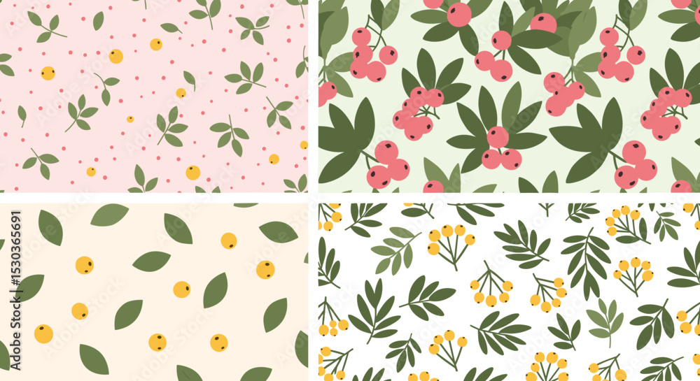 Botanical Autumn Seamless Patterns with Berries and Leaves for Seasonal Designs Botanical Autumn Seamless Patterns with Berries and Leaves for Seasonal Designs
