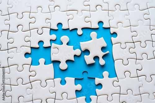 White puzzle pieces with one missing, showing a gap on blue background.