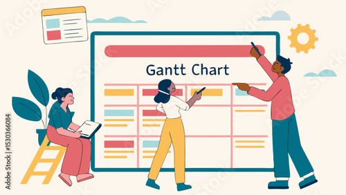 People collaborating on a gantt chart with tasks and timelines in a project management setting depicted