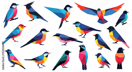 Colorful Geometric Birds Collection with Many Differently Shaped Birds on the White Background