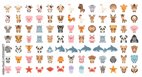 A Diverse Collection of Adorable Animal Characters Represented in Flat Vector Style