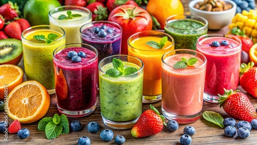 Fresh fruit juice and vibrant fruit cocktails bursting with red strawberries and green vegetables in a refreshing, healthy glass