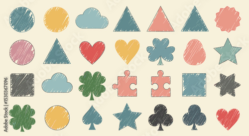 Assortment of Various Geometric Shapes Drawings in Diverse Colors and Surface Textures Style