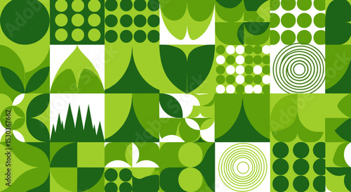 Geometric Green Graphic Composition with Various Shapes Creating an Abstract Visual Landscape