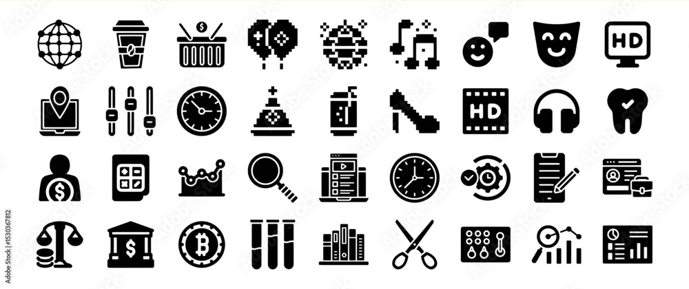 A diverse collection of 48 glyph icons depicting various concepts and objects A diverse collection of 48 glyph icons depicting various concepts and objects