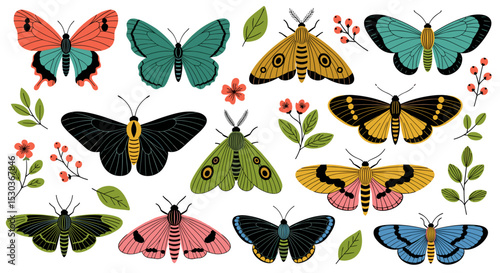 Diversity of Butterflies and Moths Winged Insects Floral Elements and Leafy Background Design