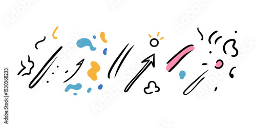 Hand drawn abstract expressive motion lines and arrows with colorful splash elements in minimalist flat style for emphasis and dynamic movement effects vector illustration