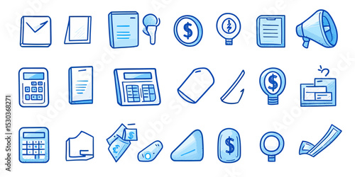 Hand drawn business and finance icon set with calculator, documents, money, price tags, megaphone, magnifying glass, and wallet in blue pen stroke sketch style for investment and marketing concepts