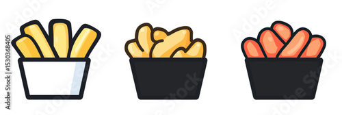 Set of three minimalist vector illustrations of fried potato variations including classic fries, curly fries, and sweet potato fries in black containers on white background
