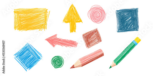 Colorful crayon style hand drawn pencil sketches including arrows, squares, spirals, and textured brush strokes in flat vector design