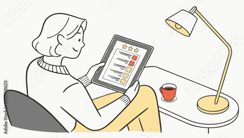 Woman sitting in chair looking at a tablet with a checklist and stars next to a lamp and coffee cup