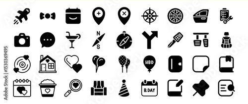 A diverse collection of glyph icons depicting various concepts and objects
