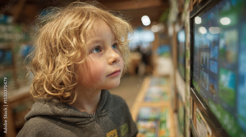 A young child with curly hair is engaged with several digital screens showcasing colorful educational content in a museum setting, surrounded by curious visitors. A young child with curly hair is engaged with several digital screens showcasing colorful educational content in a museum setting, surrounded by curious visitors.