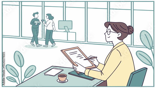 Woman at desk writing on clipboard with colleagues in the background in a modern office setting scene