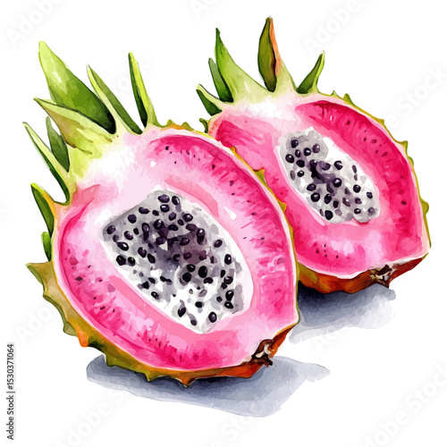 Dragon Fruit Slice, watercolor illustration vector, isolated on a white background.
