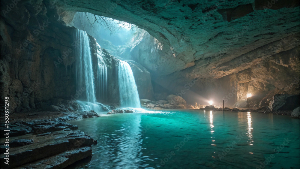 Naklejka premium A glowing cave filled with translucent minerals and an underground waterfall flowing into a silent pool
