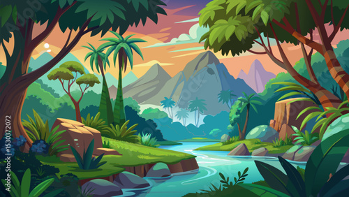 Serene Tropical Landscape. Sunset over Lush Jungle River