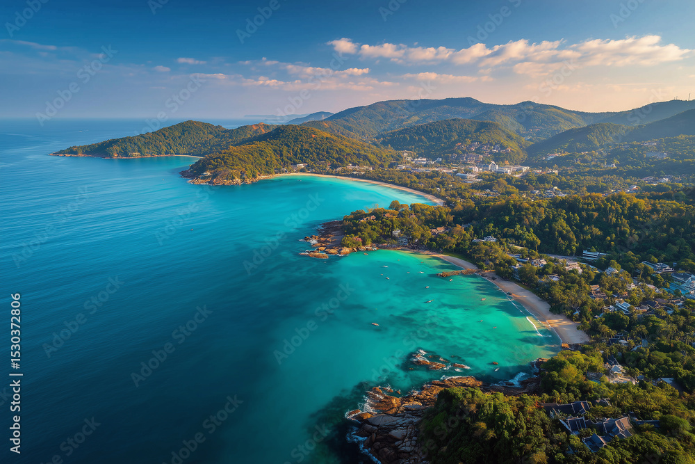 A stunning aerial view of Phuket, Thailand, tropical beaches and lush green mountains. This high-resolution image showcases the natural beauty of Phuket’s coastline, with clear blue skies A stunning aerial view of Phuket, Thailand, tropical beaches and lush green mountains. This high-resolution image showcases the natural beauty of Phuket’s coastline, with clear blue skies